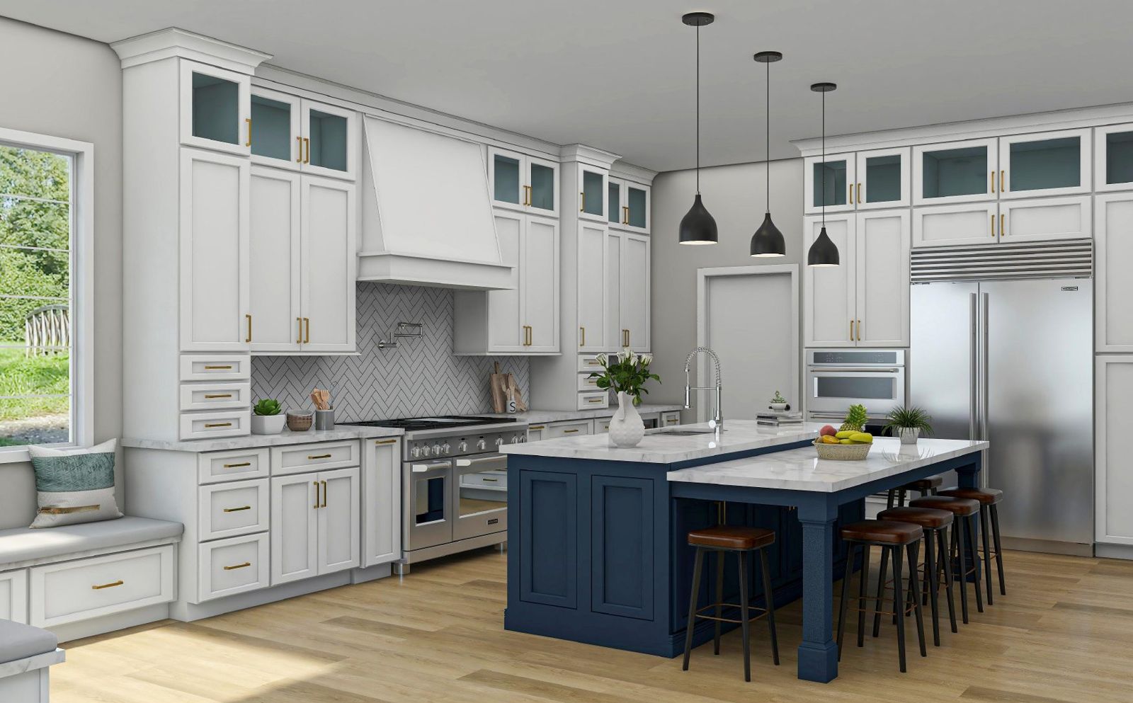 360° design of a white shaker kitchen with a navy island