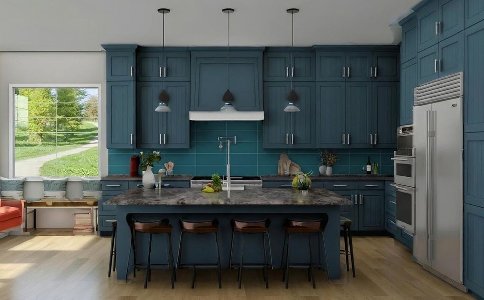 The same kitchen restyled in teal with granite counters in the AI Showroom