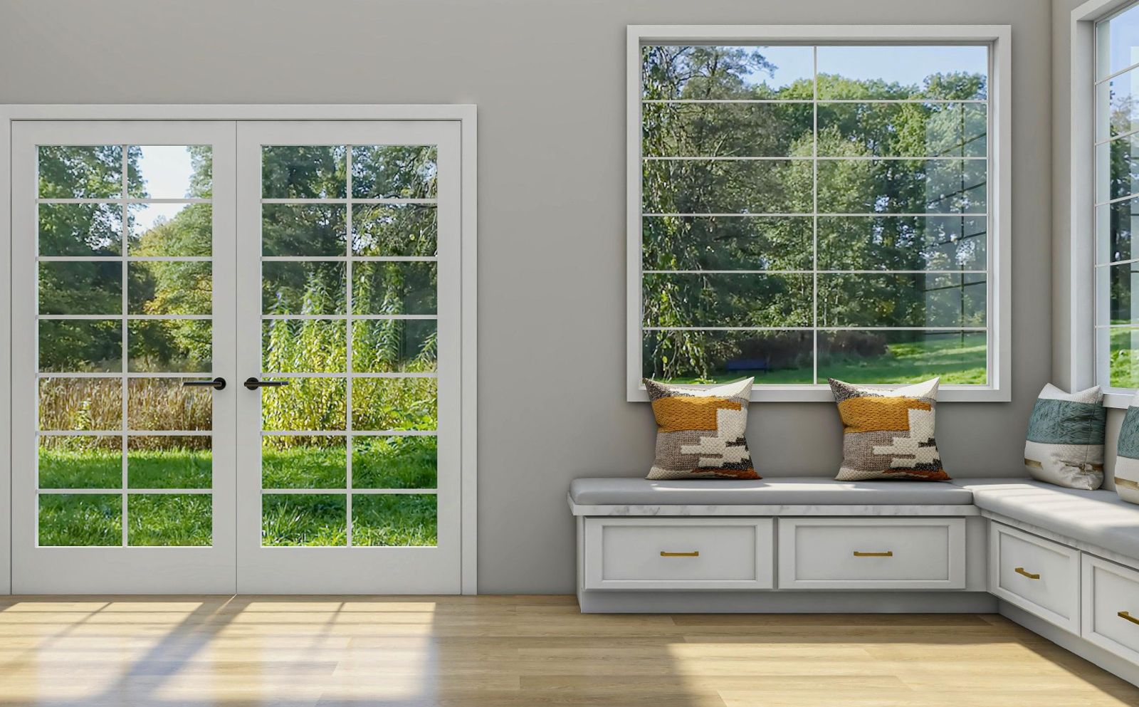 Photoreal render of a window seat with French doors